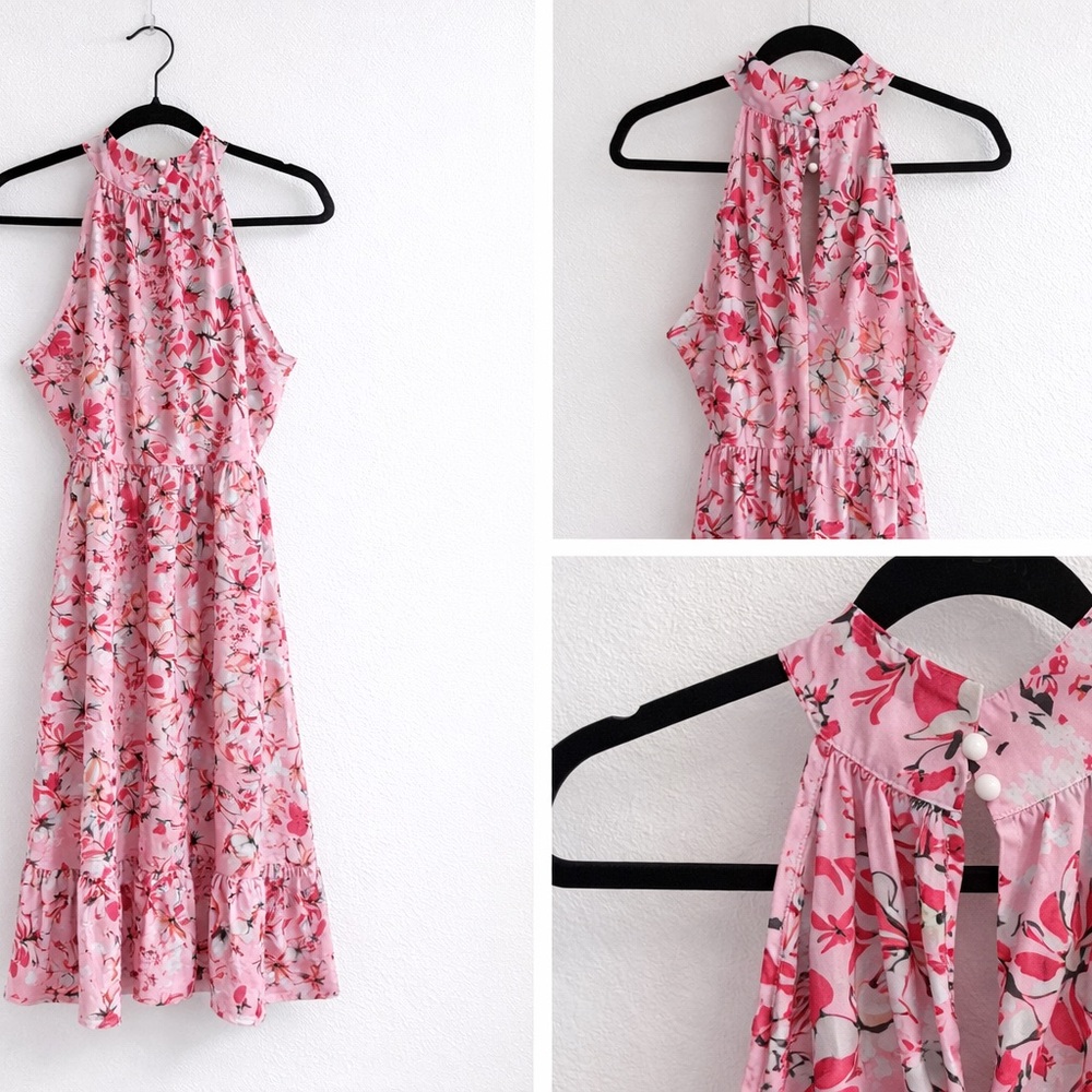 Pink Floral Halter Midi Dress